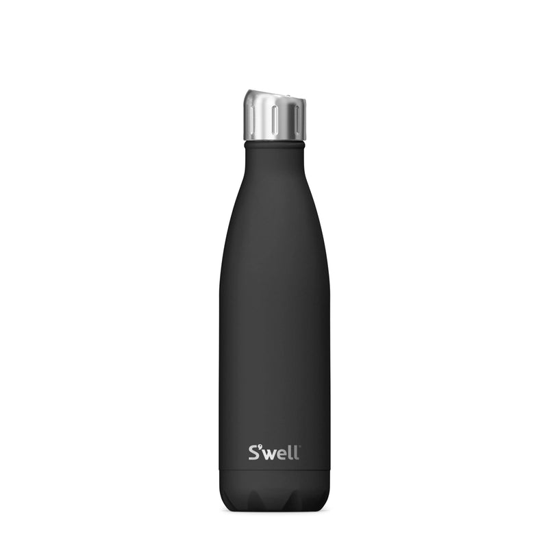 A black water bottle with a silver cap