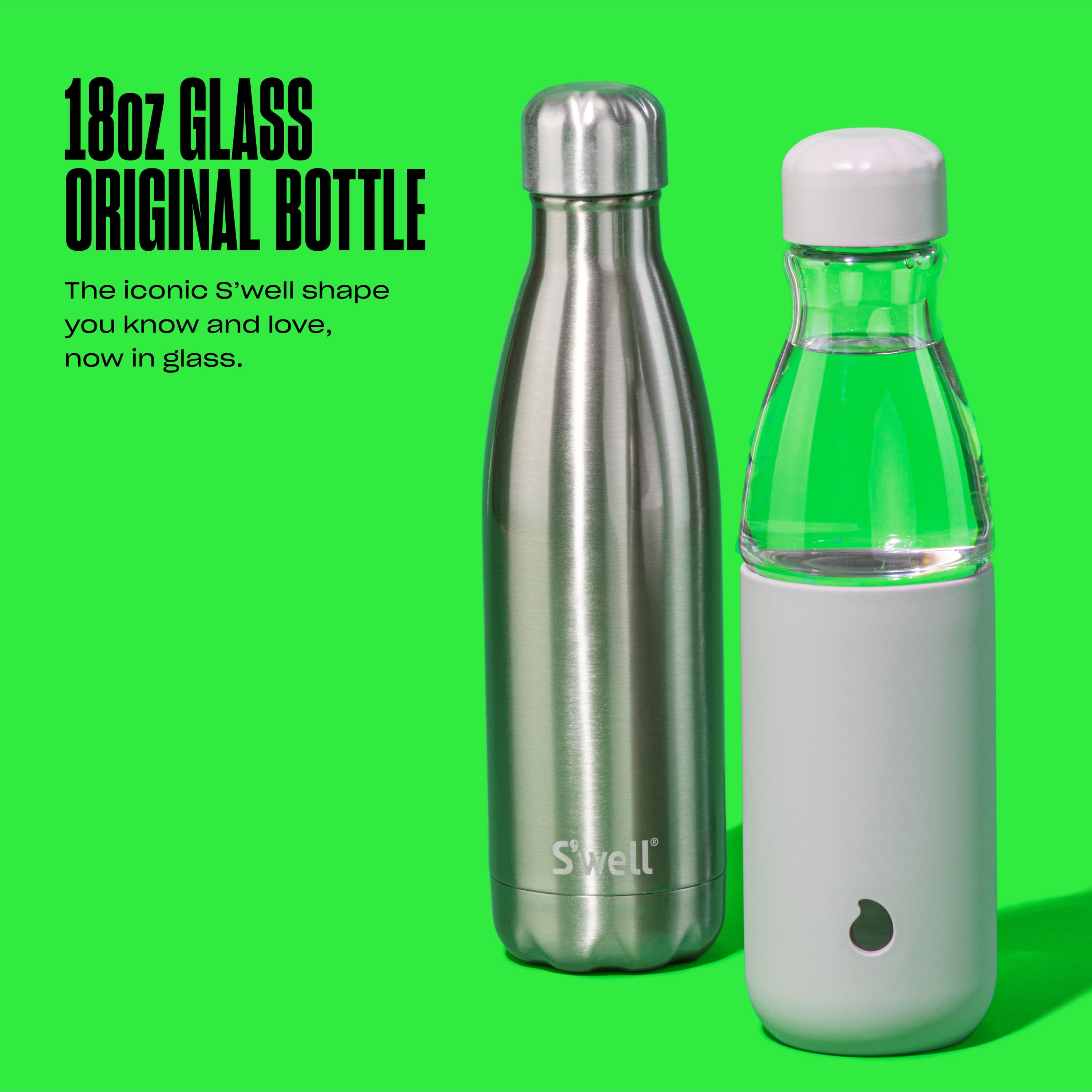 18oz Glass Original Bottle The iconic S'well shape you know and love, now in glass Image of Lunar Grey Glass Original Bottle and Silver Linings 17oz Original Bottle
